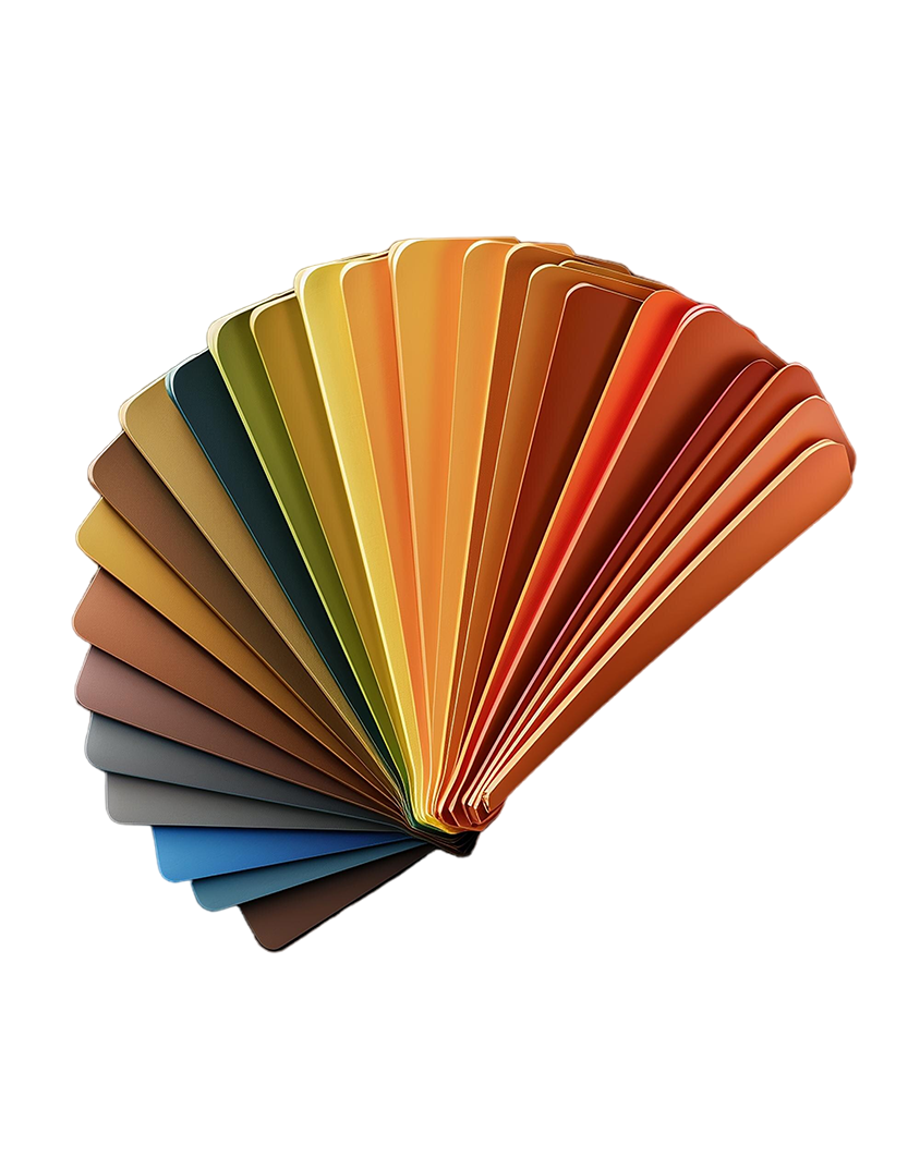 A bright, varied colour swatch is shown fanned out.