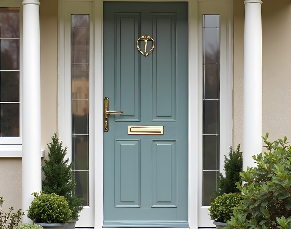 A newly painted light blue door, with a sparkly gold handle and letter box. Plant pots mostly out of shot lead up to the house.