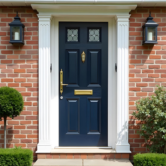 A newly painted navy door with steps, a white frame doorway detail and short box hedges next to the steps.